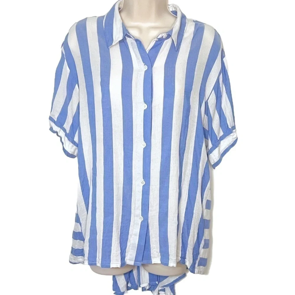 NEW Vince Camuto High Low Relaxed Fit Knit Striped Short Sleeve Button Down Top